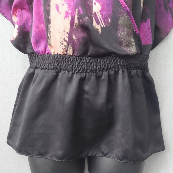 Rampage Satin Faux Wrap Top S Purple Black Boho Y2K Flutter Sleeve Smocked Waist - Picture 5 of 16